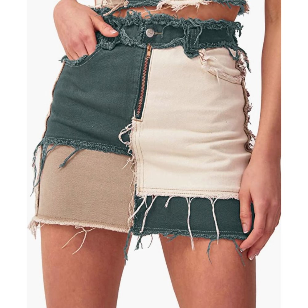 Sexy Green Colorblock Patchwork Denim Distressed Ripped Mini Bodycon Jean Skirt - Picture 6 of 6